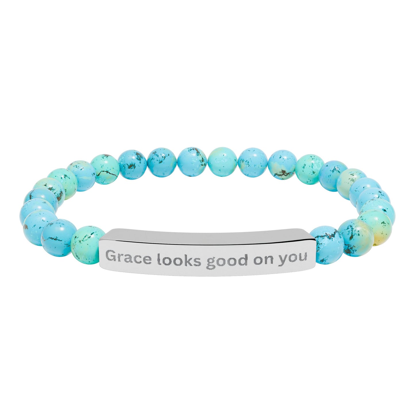 Engraved Natural Stone Bar Bracelet — "Grace looks good on you" Stretch Beaded Bracelet