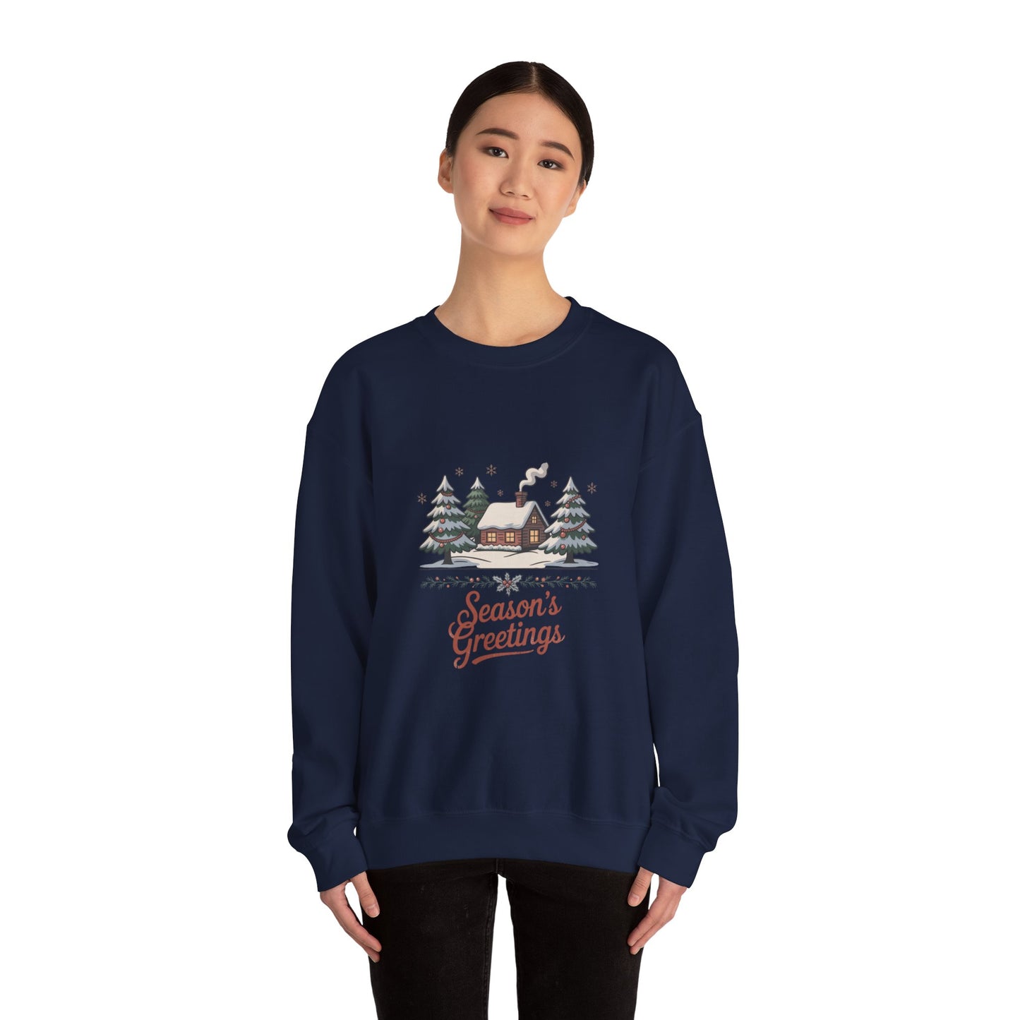 Season's Greetings Cabin Sweatshirt | vintage Christmas postcard, retro holiday card design