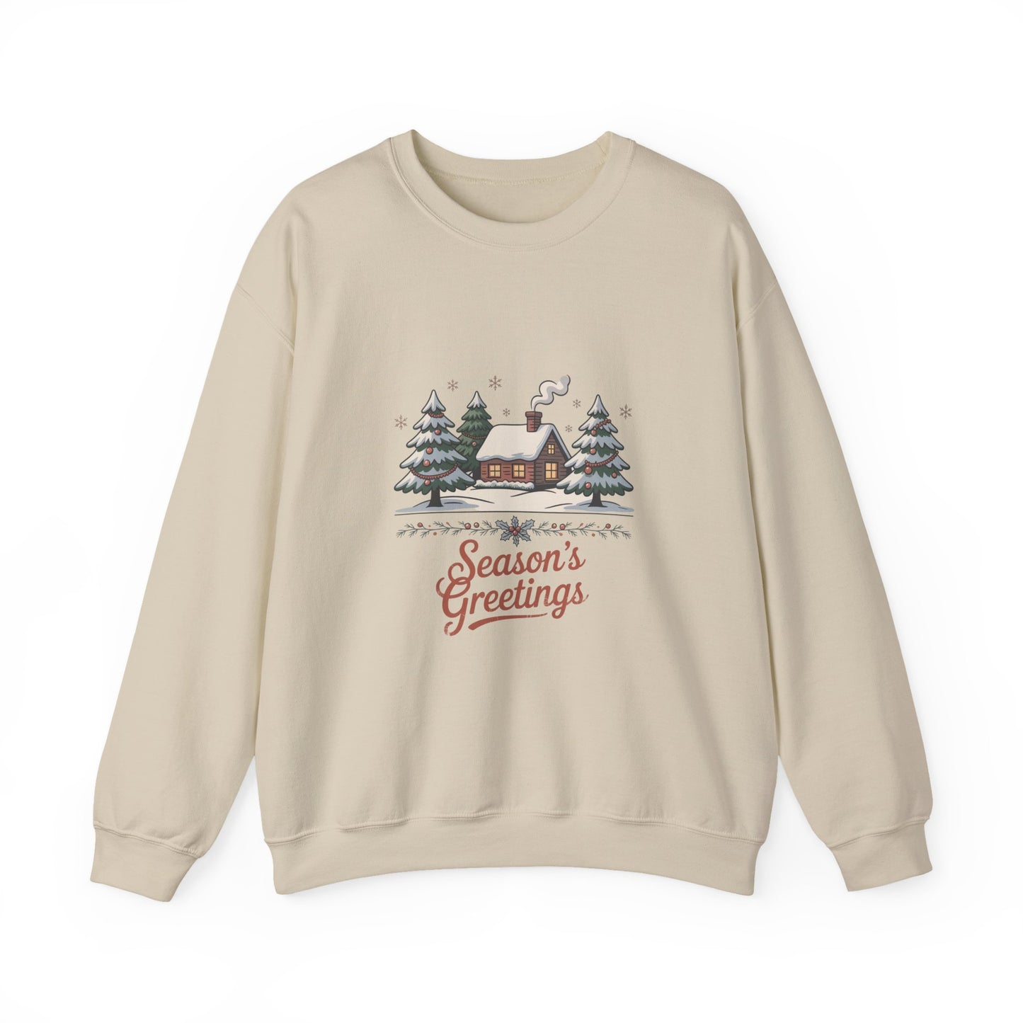Season's Greetings Cabin Sweatshirt | vintage Christmas postcard, retro holiday card design