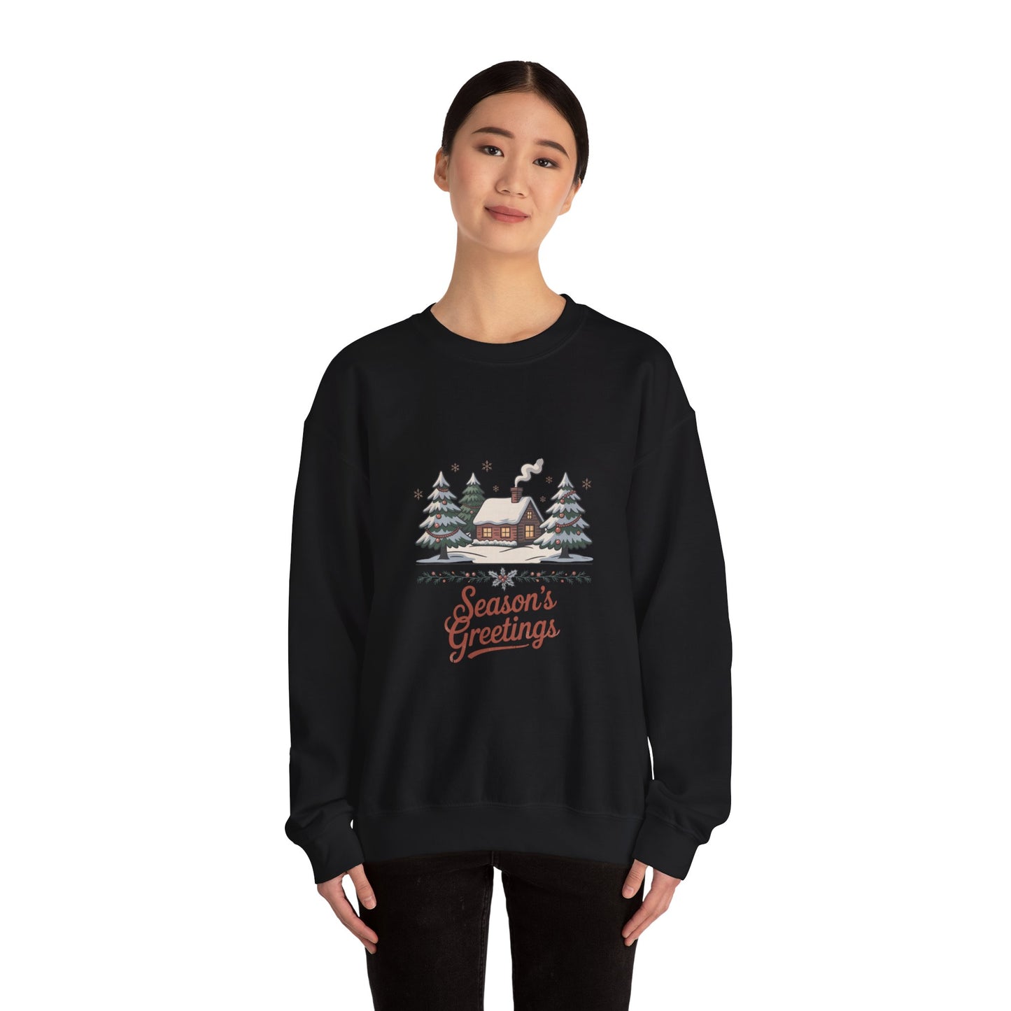 Season's Greetings Cabin Sweatshirt | vintage Christmas postcard, retro holiday card design