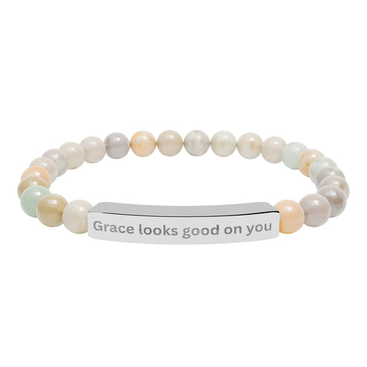 Engraved Natural Stone Bar Bracelet — "Grace looks good on you" Stretch Beaded Bracelet