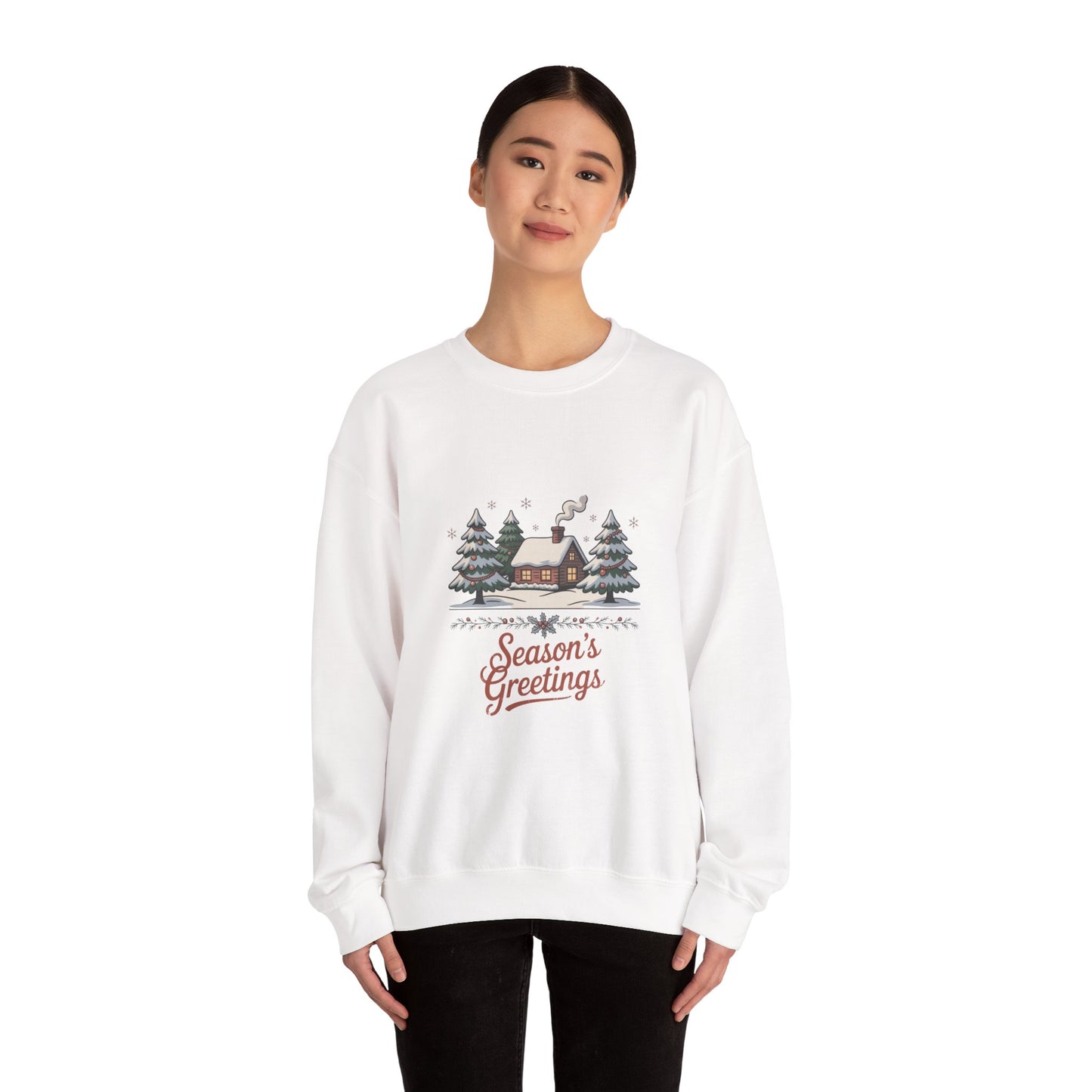 Season's Greetings Cabin Sweatshirt | vintage Christmas postcard, retro holiday card design