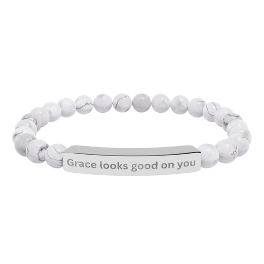 Engraved Natural Stone Bar Bracelet — "Grace looks good on you" Stretch Beaded Bracelet