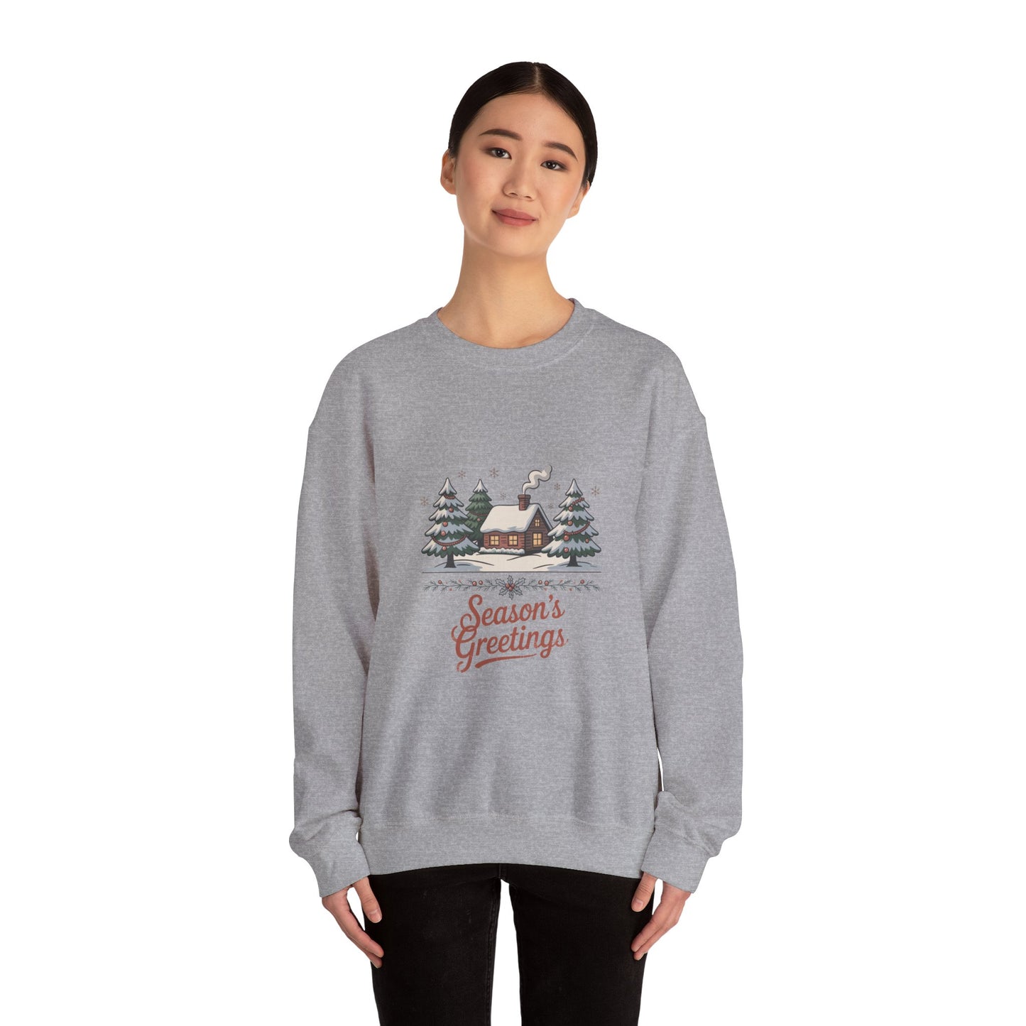 Season's Greetings Cabin Sweatshirt | vintage Christmas postcard, retro holiday card design